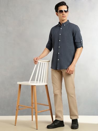 Image of Thomas Scott Men's | Solid | Textured Fabric | Full Sleeve | Slim Fit | Polyester-Blend | Spread Collar | Casual Shirt