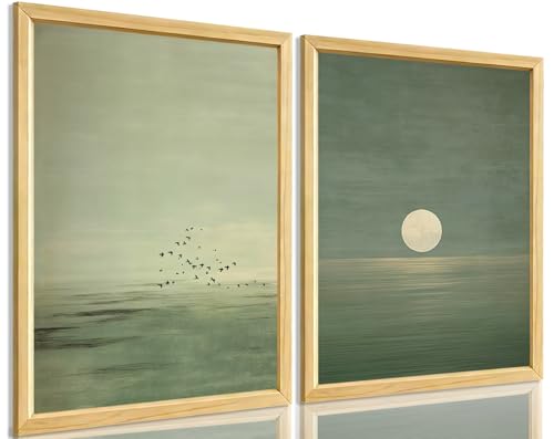 2Pcs Japanese Sage Green Wall Art Minimalist Moon and Bird 12X16in Unframed - image 1