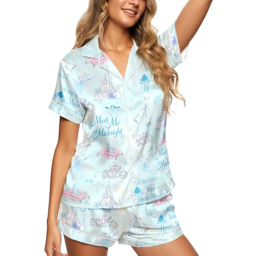 ELUNORUS Womens Soft Silky Satin Pajamas Set Button Down Cooling Loungewear 2 Pcs Sleep Short Pajamas for Mom and Grandma Princess Large