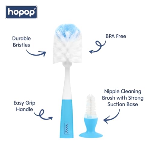 Image of Hopop 2-in-1 Baby Feeding Bottle Cleaning Brush: Durable, Flexible Bristles & Nipple Cleaner, Comfortable Grip, Suction Base for Organized Kitchen - Blue