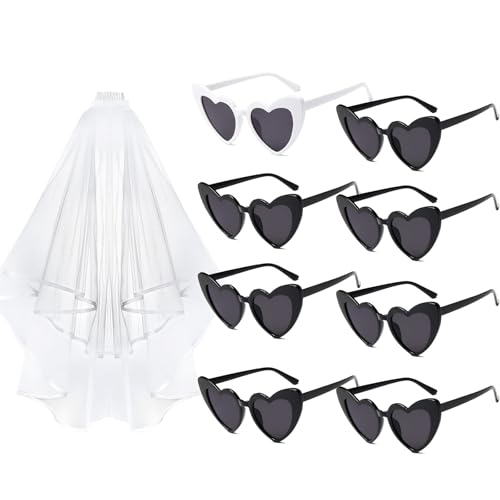 White Veil and Heart Sunglasses 8 Pack, Bachelorette Party Bridesmaid Bridal Bachelorette Sunglasses Bachelorette Party Accessories