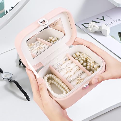 Image of BucketList PU Leather Jewellery Organizer Box with Mirror | Travel-Friendly Jewelry Storage Case with Ring Slots & Secure Lock (Travel Jewellery Box with Mirror (Pink))