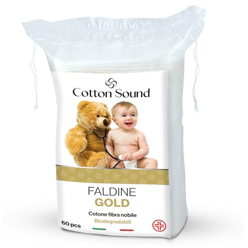 COTTON SOUND GOLD BABY Faldine 60 Pezzi per Bambini, 100% Cotone Idrofilo, Quadrotti 9 x 11 cm, Ipoallergeniche e Biodegradabili, Dermatologicamente Testate, Made in Italy