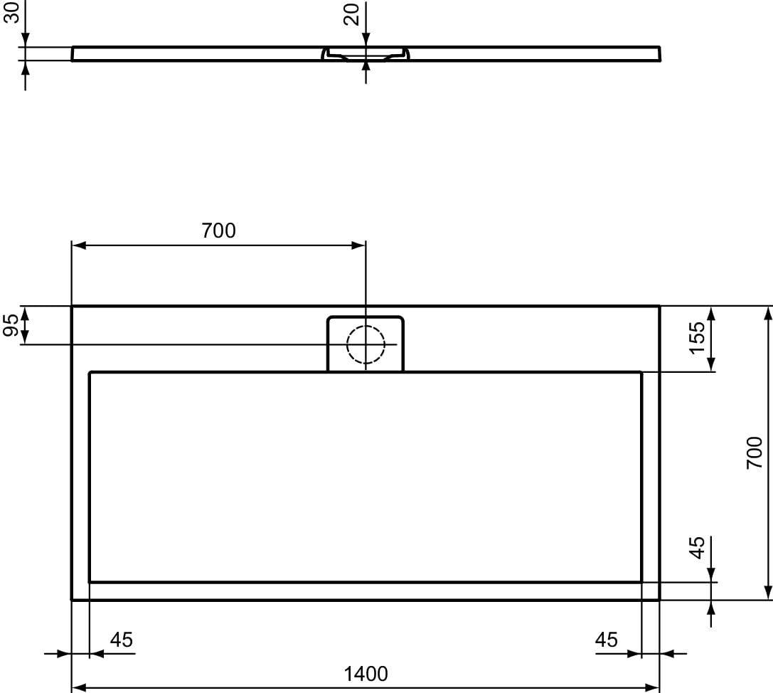 Ideal Standard - Ultra Flat S i.life, Plato de ducha rectangular 140 x 70 cm, de resina, desagüe lateral largo, acabado mate efecto piedra, blanco
