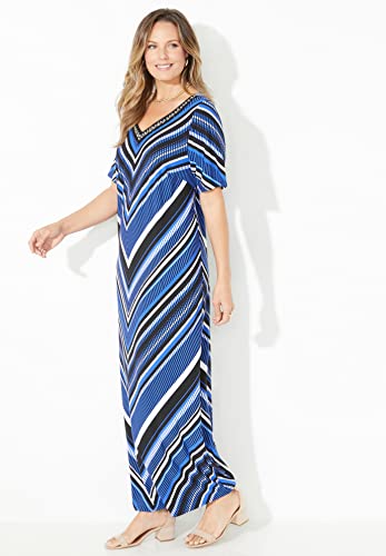 Catherines Women's Plus Size Long V-Neck Beaded Maxi Dress - 6X, Dark Sapphire Chevron Stripe Blue (2523) #TOP3