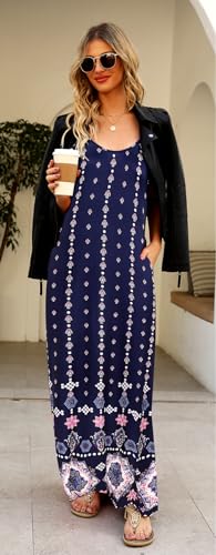 Image of Supnier Women's Summer Maxi Dress Casual V-Neck Sleeveless Bohemian Spaghetti Strap Floral Long Maxi Dress with Pockets