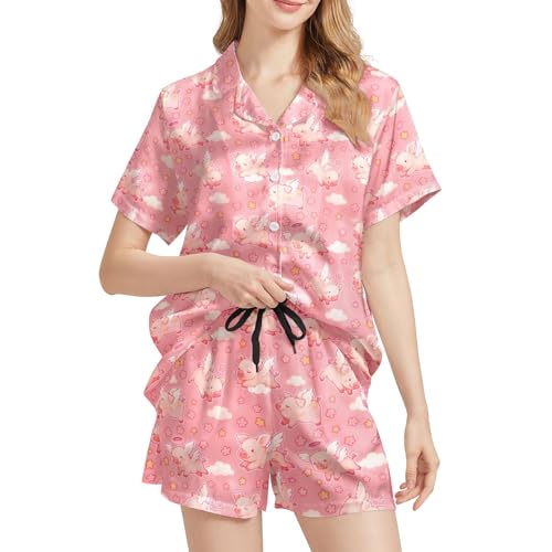 Image of Funny Pajamas for Women Set Print Satin Loungewear Pjs Short Sleeve Button Down Top and Shorts Sets Sleepwear XS-3XL
