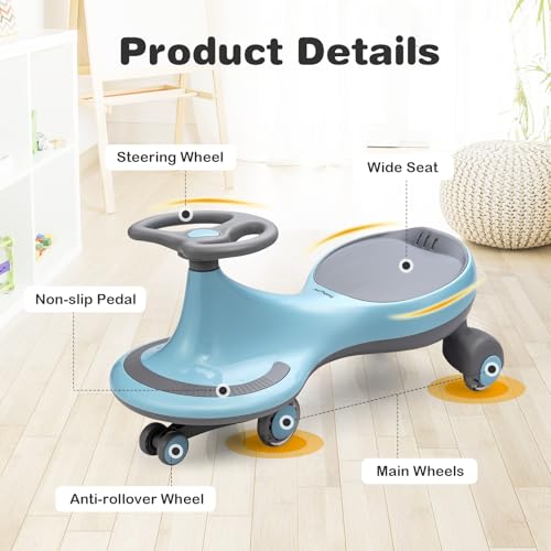 Image of HONEY JOY Wiggle Car, 2 in 1 Swing Car for Kids, LED PU Flashing Wheels, No Batteries, Gears or Pedals, Uses Twist, Turn, Ride On Toy for Toddlers Boys Girls 3 Years and Up (Blue)
