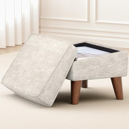 FAGAGA Ottoman Foot Rest, Small Footstool Ottoman with Storage, Modern Foot Stool with Adjustable Lid and Sturdy Wood Legs for Living Room, Bedroom, Couch, Enterway (Beige)