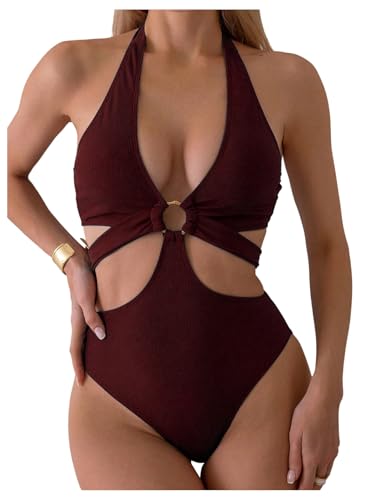 Milumia Women's Cut Out Ring Linked One Piece Bathing Suit Halter Neck Monokini Swimsuit