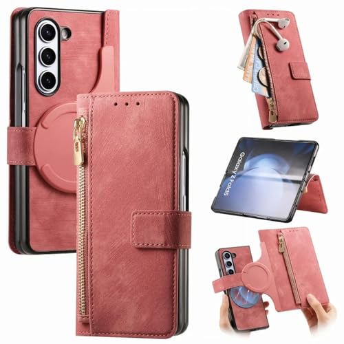 Étui cuir Galaxy Z Fold 5 rose pour organiser cartes et monnaie en déplacement