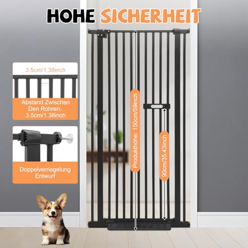 DunleyMin Schutzgitter für Haustiere Extra Hoch, Haustiergitter Extra Hoch mit Doppelverriegelung, 180° Türöffnung, Automatische Türschließung, Ohne Bohren (Schwarz)