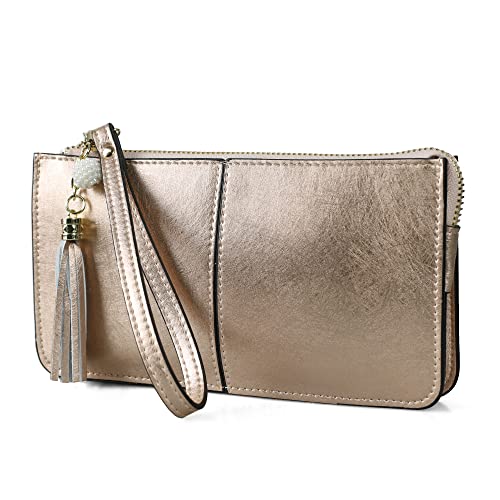 Image of befen Genuine Leather Wristlet Bags Small Clutch Wallet Cell Phone Bag Ladies Purse and Handbag with Tassel Wrist Strap & Card Slots, Zip Pocket Coins Compartment
