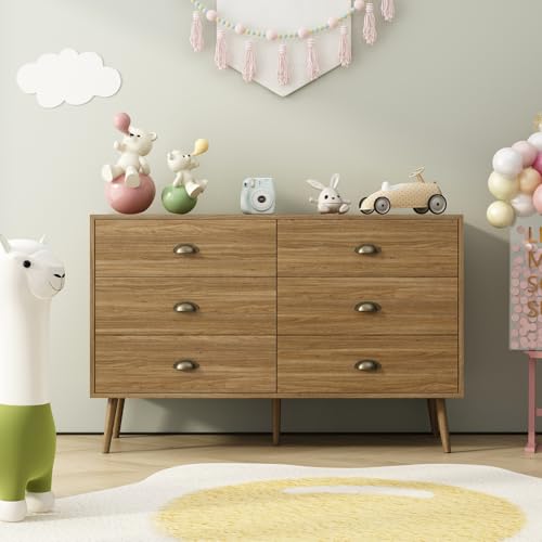 Image of Oak 6 Drawer Dresser for Bedroom, 47 inch Wood Dresser with Gold Handles.