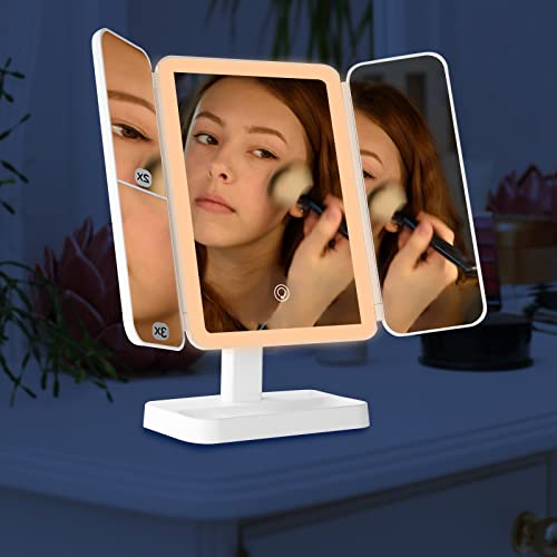Fvita Makeup Mirror With Lights 3 Color,52 Led Hd Tri-Fold Makeup Mirror With Storage 2X 3X Magnification Makeup Mirror Touch Control Vanity Mirror Portable Women Gift(White) #TOP1