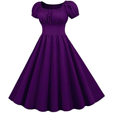 Cocktailkleid Damen Elegant - 50er Jahre Kleider Damen Vintage Retro Rockabilly Kleid Kurzarm Quadratischer-Ausschnitt Faltenrock Swing Cocktailkleider Sommerkleid Partykleid Abendkleid Cover