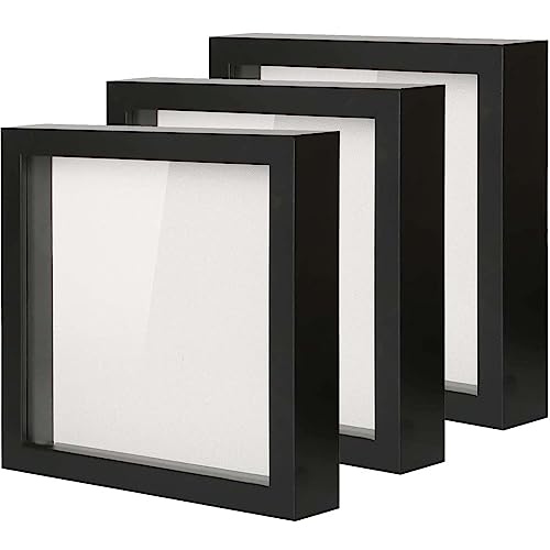 Muzilife 3D Picture Frame for Filling with Glass Pane, Three-Piece Set, 22 x 22 cm Deep Object Frame, Square Shape, Gift for Family Friends, Pack of 3, Black