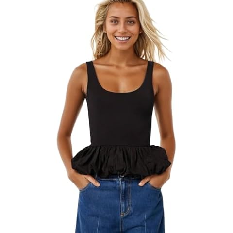 WONBURY Casual Solid Crop Tank Top - Sleeveless and Backless with a Flirty Ruffle Hem Camisole for Women (US, Numeric, 4, 6, Regular, Regular, Black) Cover