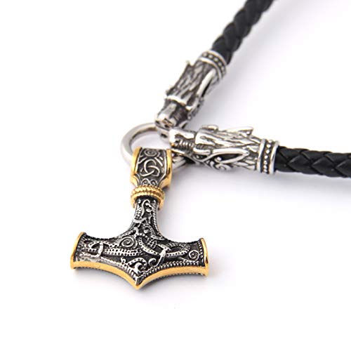 GUNGNEERMjolnir Thors Hammer Necklace Mixed Gold Viking Jewelry Men Accessories With Black Wolf Head Leather Chain, Viking Beard Bead Gift