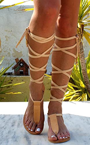 Image of Flat Knee High Gladiator Sandals for Women Strappy Lace Up Bohemia Sandals