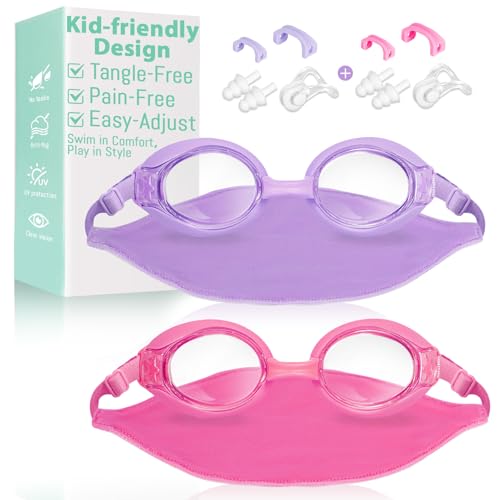 Pixel Panda 2 Pack Kids Swim Goggles with Fabric Strap for 3-8 Anti-Fog Anti-UV, No Leak No Hair Pulling Swimming Goggles Boys Girls Youth Toddlers Pool Water Protection(Purple and Rose Red) - image 1