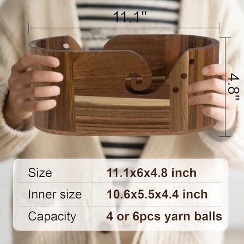 Image of Wooden Yarn Bowl, Craft Knitting Yarn Bowls for Crocheting w /9pcs Knitting Hooks, Sewing Scissors & Crochet Tool Holder, Oval Large Crochet Yarn Holder for Knitting Lovers(11.1x6x4.8in, Acacia Wooden)