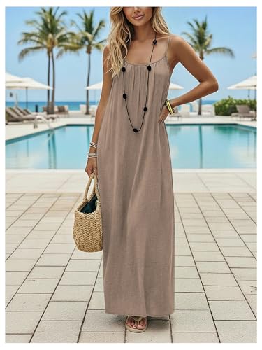 Image of SHENHE Women's Open Back Spaghetti Strap Beach Maxi Dress Loose Flowy Vacation Sundress