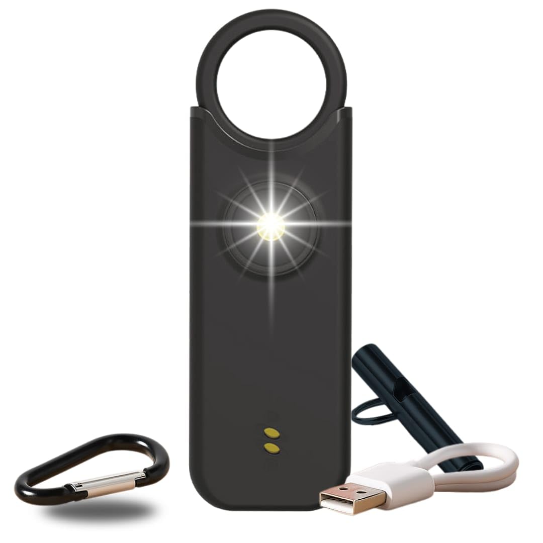 Alarme Personnelle Femme 135 DB Ultra Puissante, Kit Sécurité Auto Défense, Sifflet Urgence + Détecteur Porte/Fenêtre, Rechargeable USB-C avec Lampe LED, Noir
