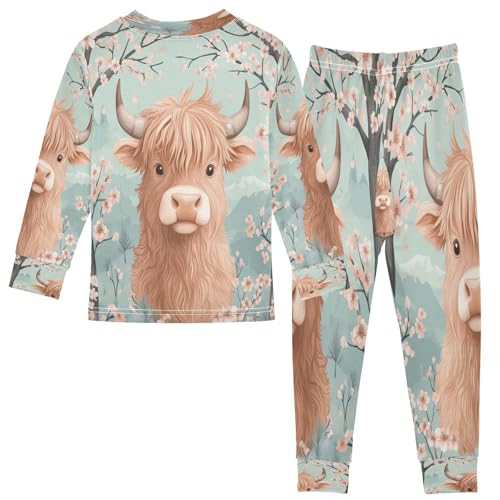 Pajama Sets Long Sleeve Highland Cow Cherry Blossom Soft Comfy Sleepwear 2 Piece PJS 3-8T3