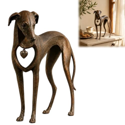 Image of Vintage Sighthound Dog Sculpture with Hanging Heart Charm, Antique Bronze Finish Iron Greyhound Figurine, Rustic Animal Decor for Bookshelf Mantel Table, Unique Gifts for Dog Lovers