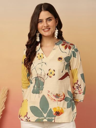 Image of Women's Cotton Printed Short Kurti, Round Neck, Three Quarter Sleeve, Straight Fit, Pack of 2