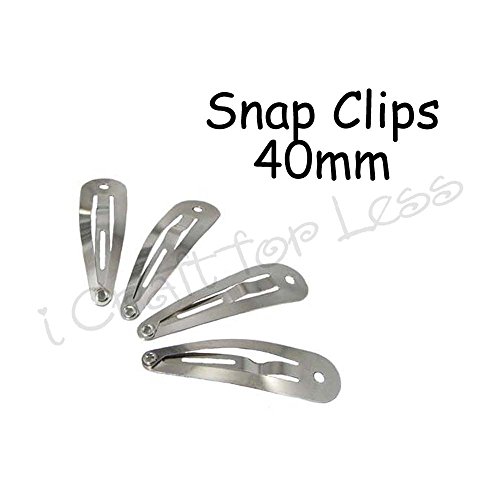 100 Snap Hair Clips - Silver Metal Tear Drop Shape With Hole - 40Mm #TOP2