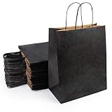 Lot de 45 Sacs Noirs en Papier Kraft avec Poignées -26 x 14 + 32 cm Sac de Courses, Cabas, Emballage Cadeau pour Anniversaire, Noël, Mariage