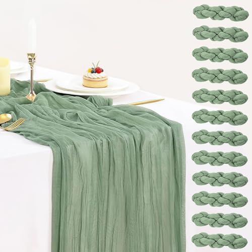 12 Pack Sage Green Cheesecloth Table Runner 35x120 Inch, 10Ft Boho Sheer Gauze Table Runner Cheese Cloth Runner for Wedding Baby Shower Birthday Home Decor Garden Farmhouse by BLUETOP - Used condition - CA$27.08