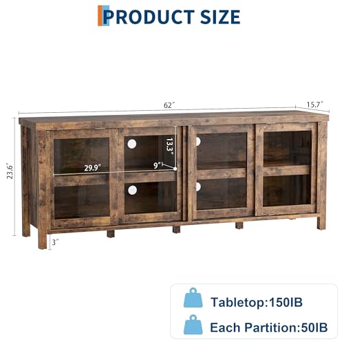 Image of 65 Inch TV Stand for Televisions Up to 70 Inches, Modern Entertainment Center with Storage, 4 Sliding Glass Doors, Mid-Century Style Media Console for Living Room,Retro Brown