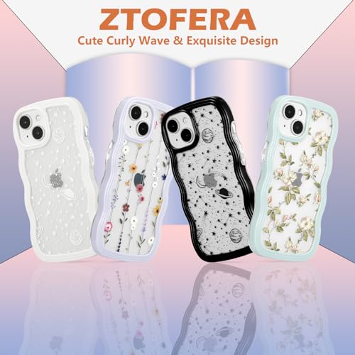 ZTOFERA iPhone 13 / 14 用波状のケース おしゃれ iPhone 13 クリアケース 人気 韓国 女子 アイフォン 14 ウェーブケース かわいい 花柄 クライミングフラワー スマートケース 軽量 耐衝撃 ハード PC ソフト TPU バンパー ケース 画面レンズ保護 透明 携帯カバー (パープル）