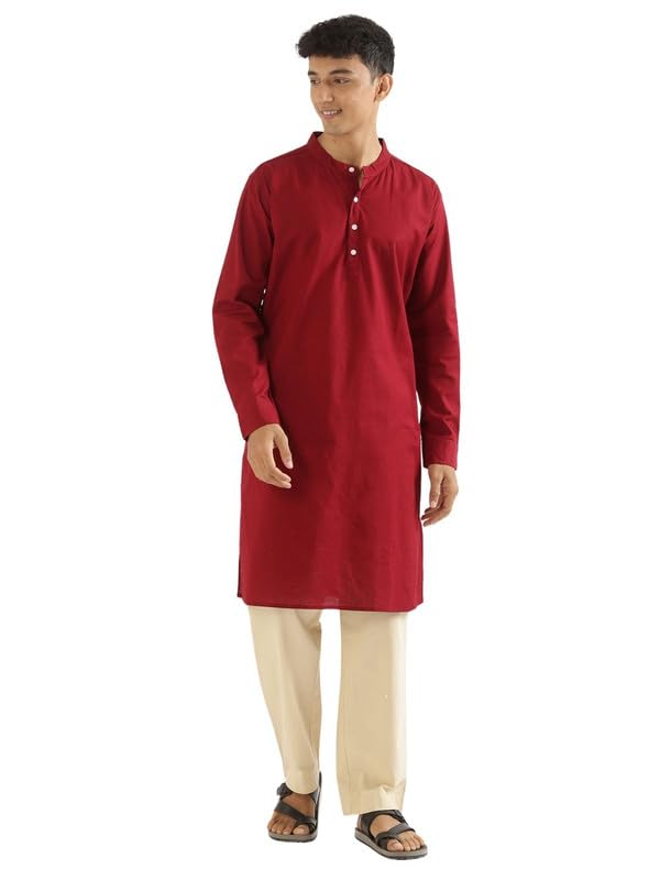 Image of SAADAA Men's Long Kurta - Linen Cotton Blend, Airy Fabric, Regular Fit, Mandarin Collar, Solid Color - Casual, Festive & Ethnic Wear