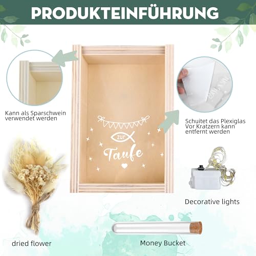 Taufe Geschenk, Geldgeschenk Taufe für Mädchen und Jungen, inklusive Getrocknete Blumen, Holzbox, Kunststoff Reagenzglas, Lichterketten, Geldgeschenke Verpackung (Beige)