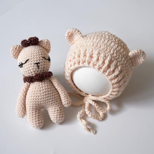 Image of Zeroest Newborn Photography Outfits Boy Girl Bear Props Baby Photoshoot Crochet Bonnet Stuffed Animals for Newborn Photo