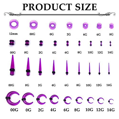 Jstyle 68 Pieces Ear Stretching Kit 14G-04G, Acrylic Tapers Plugs, Acrylic C Shape Pincher Tapers, Silicone Tunnels, Ear Gauges Expander Set Body Piercing Jewelry Purple #TOP1