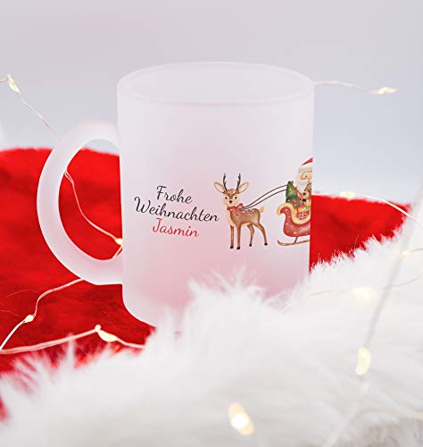 TASSENPALAST Frohe Weihnachten Glastasse mit Wunschname ◕ Personalisierte Teetasse Glühweintasse mit eigenen Namen ◕ Cover