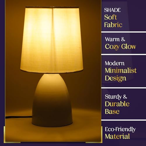 Image of Lexton Table Lamp with Fabric Shade | Bedside Night Lamp for Bedroom Living Room | Inline Switch | Decorative Desk Lamp for Study Table Office & Home Decor | White (Pack of 1)