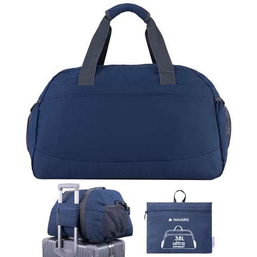Navaris Travel Bag - Weekend Foldable Holdall - Airline Cabin & Underseat Luggage - Durable & Lightweight - Large Duffle Bags with Pockets & Adjustable Strap - 38L Capacity, Navy