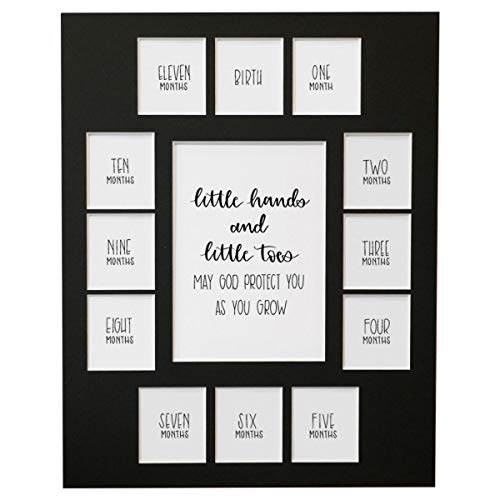 Image of Rustic Red Door Co. Baby's First Year Picture Mat - No Frame - Little Hands and Little Toes Photo Collage - 13 Picture Slots - Newborn Birth to One Year Birthday - Watch Your Baby Grow (Black Mat)