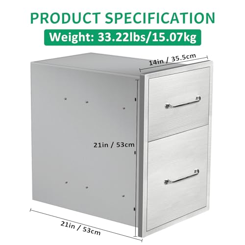 Image of Outdoor Kitchen Drawers 14 inch W x 21 inch H x 21 inch D Stainless Steel Double Drawers with Ergonomic Handle for BBQ Island, Patio Grill Station & Outdoor Kitchen Cabinets