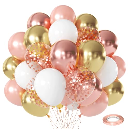 Rose Gold Balloons Pink and White Balloons Latex Balloon Rose Gold Balloons with Rose Gold Ribbons 50pcs 12inch for Girls Birthday Party Baby Shower Wedding Bridal Retirement Decorations