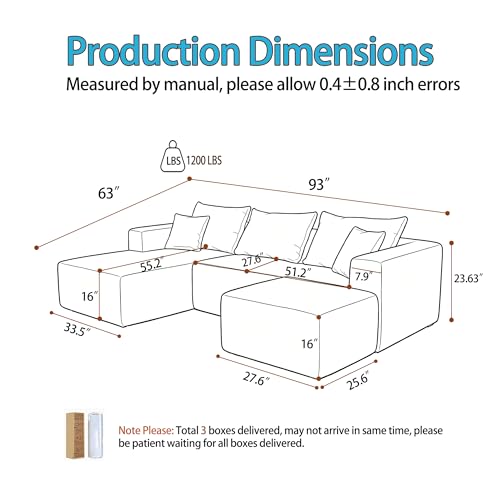 Image of 93 inch U-Shaped Boneless Couch, Corduroy Cloud Couch Sectional with Chaise and Ottoman, Deep Seat Modular Sectional Sofas for Living Room, No Assembly - Grey (Left Facing Chaise)