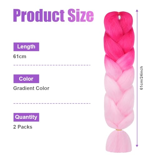 Aomig Braids Extensions, 2PC Ombre Kunsthaar zum Einflechten,24\ Haarsträhnen zum Braiding Hair, Einflechten Haar Flechten Extensions für Haar Box Braid Einflechten Zöpfe（Rosa/Hellrosa ）