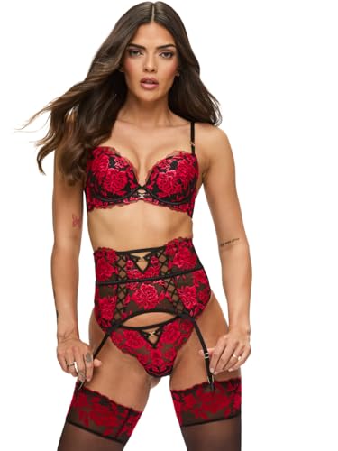 Ann Summers Endless Attraction - Brasier acolchado con aros, bordado floral y herrajes dorados, ropa interior para mujer, lencería atrevida y de apoyo para mujer (negro/rojo)