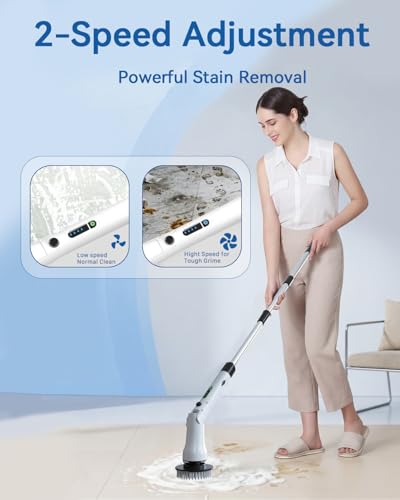 Image of Electric Spin Scrubber, Hillyfe Bathroom Scrubber Electric with 7 Replaceable Brush Heads, IPX7 Waterproof,300 /400 RPM, 3 Adjustable Length,Scrubber Brush Electric for Bathtub Floor,White